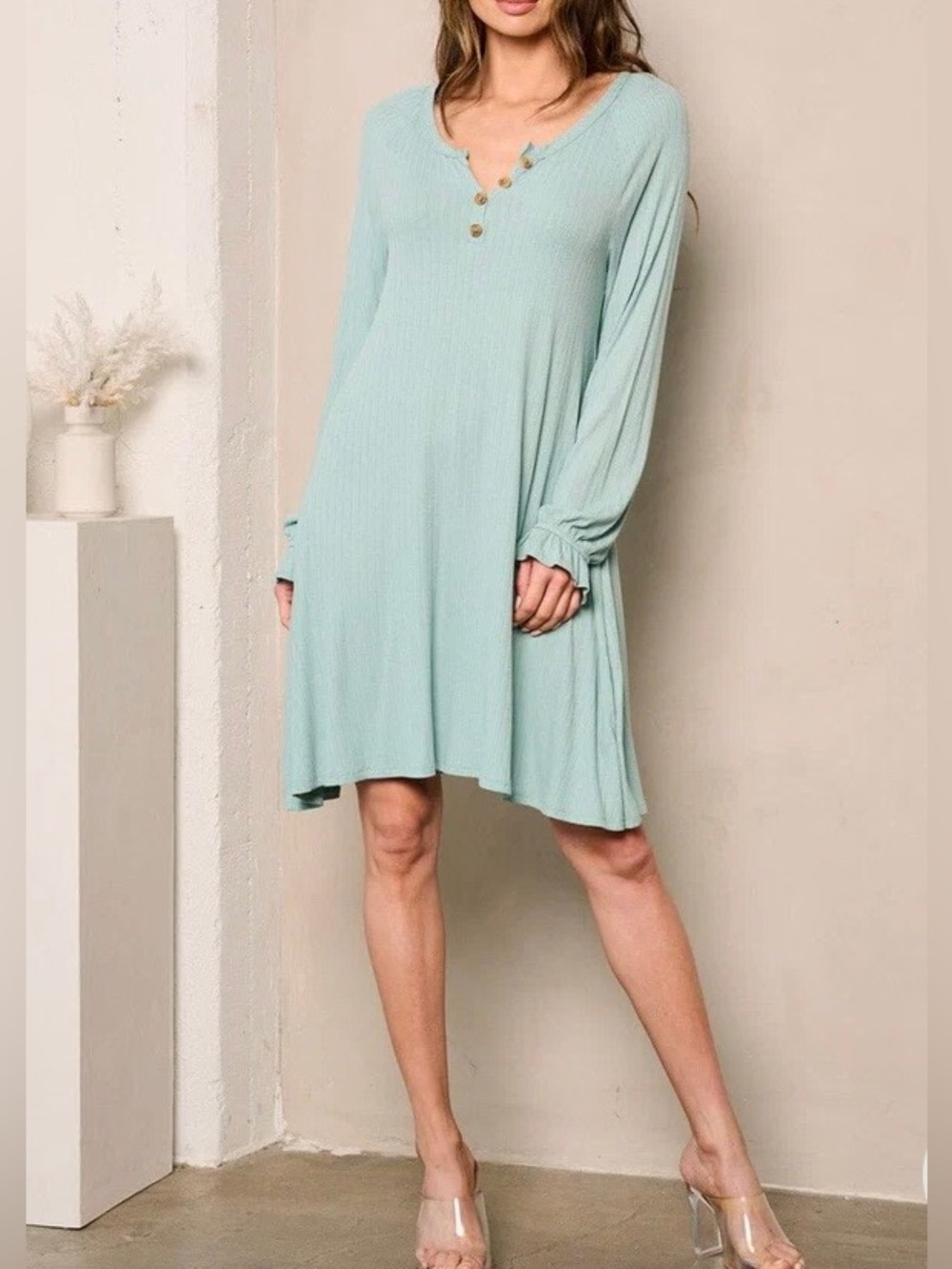 0257.  Light Mint V-Neck Long Sleeve Swing Dress